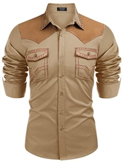 Men's Western Cowboy Shirt Embroidered Long Sleeve Slim Fit Casual Button Down Hippie Shirts with Pockets