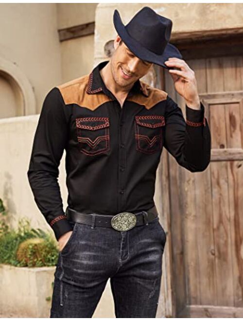 Buy COOFANDY Men's Western Cowboy Shirt Embroidered Long Sleeve Slim ...