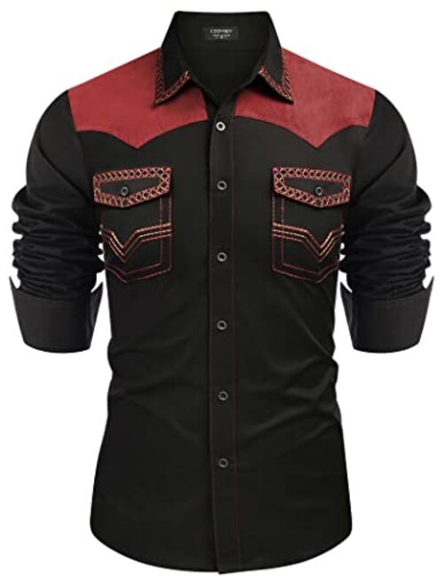 COOFANDY Men's Western Cowboy Shirt Embroidered Long Sleeve Slim Fit Casual Button Down Hippie Shirts with Pockets