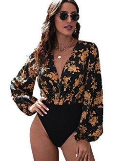 Women's Floral Print V Neck Long Sleeve Tight Leotard Bodysuit