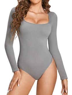 INLYRIC Women's Square Neck Long Sleeve Bodysuit Ribbed Tops Basic Jumpsuit Shirts