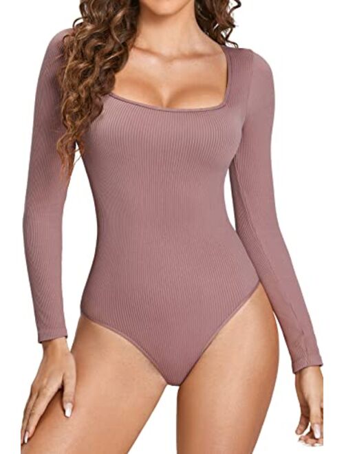 INLYRIC Women's Square Neck Long Sleeve Bodysuit Ribbed Tops Basic Jumpsuit Shirts