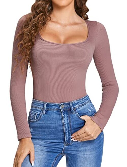 INLYRIC Women's Square Neck Long Sleeve Bodysuit Ribbed Tops Basic Jumpsuit Shirts