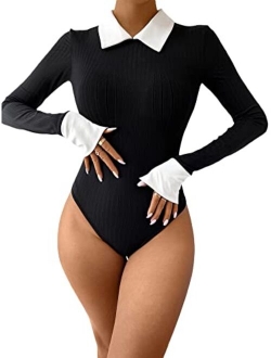 Women's Long Sleeve Contrast Collar Keyhole Back Casual Bodysuit Tops