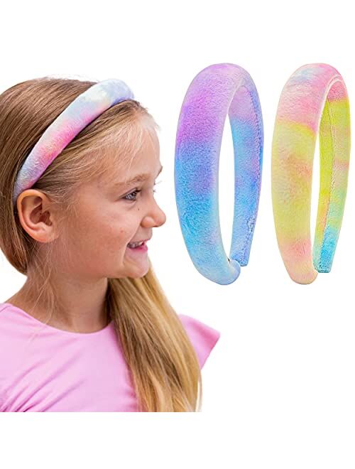 FROG SAC 2 PCS Tie Dye Padded Headbands for Girls, Wide Velvet Headband for Kids, Thick Puffy VSCO Head Band, Cute Little Girl Fashion Hair Accessories, Colorful Rainbow 