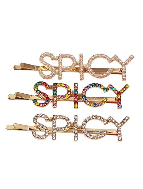 Beaupretty 3PCS Spicy Letter Hair Clips,Rhinestone Bobby Hair Pins Pearl Barrettes Crystal Hairpins Hair Styling Accessories