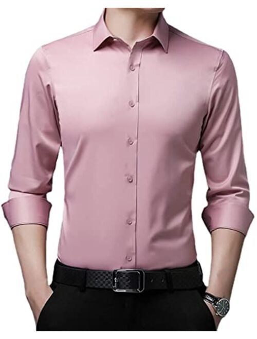 Genericq Men's Stretch Non-iron Anti-wrinkle Shirt, Solid Slim Fit Dress Shirts Long Sleeve Stretch Button Up Shirts for Men