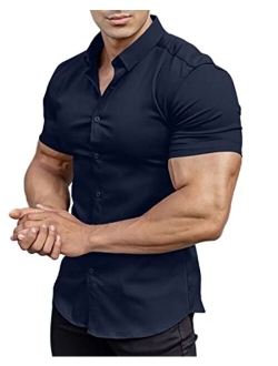 Annystore Casual Men's Muscle Fit Dress Shirts Short Sleeve Athletic Fit Button Down Shirts