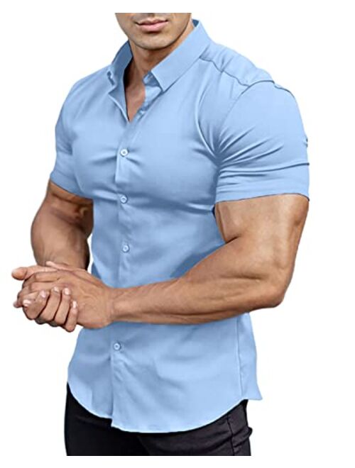 Annystore Casual Men's Muscle Fit Dress Shirts Short Sleeve Athletic Fit Button Down Shirts