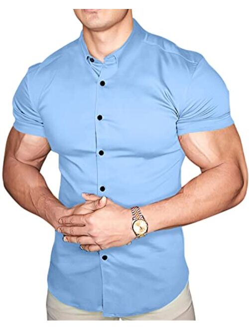 Annystore Casual Men's Muscle Fit Dress Shirts Short Sleeve Athletic Fit Button Down Shirts