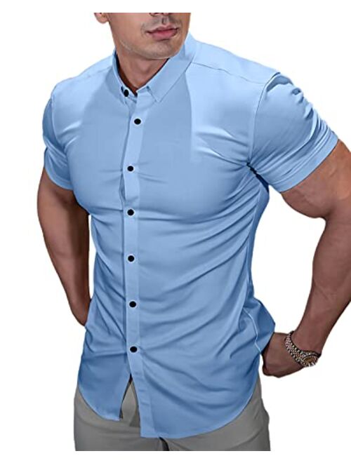 Annystore Casual Men's Muscle Fit Dress Shirts Short Sleeve Athletic Fit Button Down Shirts