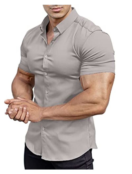 Annystore Casual Men's Muscle Fit Dress Shirts Short Sleeve Athletic Fit Button Down Shirts