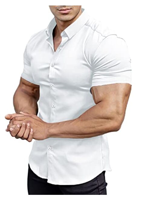 Annystore Casual Men's Muscle Fit Dress Shirts Short Sleeve Athletic Fit Button Down Shirts