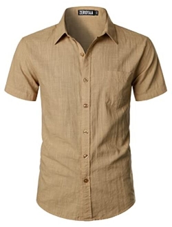 Men's Cotton Linen Casual Short Sleeve Button Up Shirts with Pocket