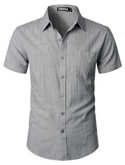 Men's Cotton Linen Casual Short Sleeve Button Up Shirts with Pocket