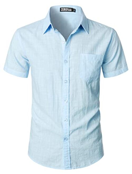 ZEROYAA Men's Cotton Linen Casual Short Sleeve Button Up Shirts with Pocket