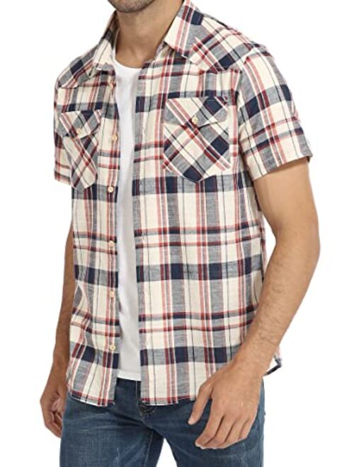 HAUSEIN Men's Western Cowboy Short Sleeve Button Down Plaid Shirts Pocket Casual Summer Jacket Shirt