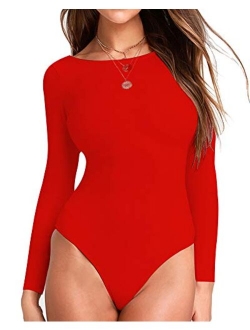 LINMON Women's Long Sleeve Bodysuit Round Collar T Shirt Stretchy Jumpsuit Tops