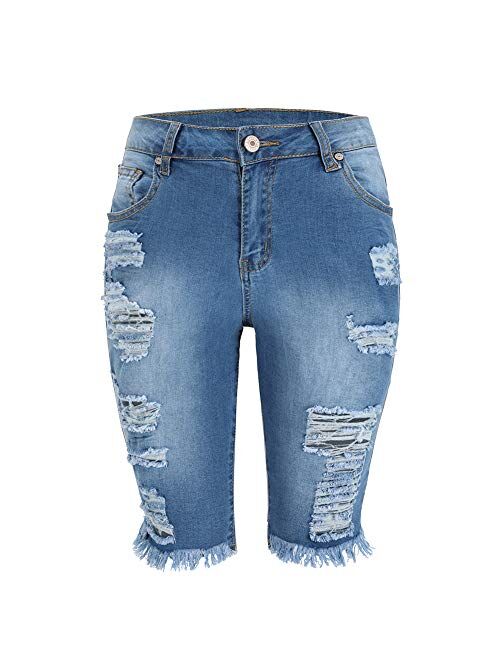 THUNDER STAR Womens Denim Ripped Bermuda Shorts Distressed Knee Length Stretch Short Jeans