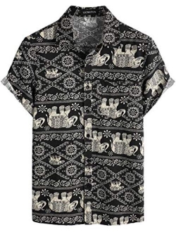 LucMatton Men's Linen Traditional Pattern Print Short Sleeve Button Down Hawaiian Shirts