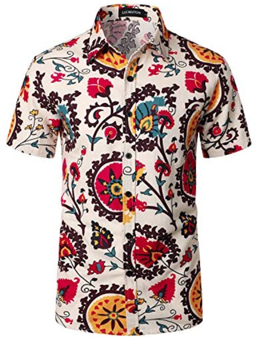 LucMatton Men's Linen Traditional Pattern Print Short Sleeve Button Down Hawaiian Shirts