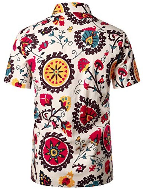 LucMatton Men's Linen Traditional Pattern Print Short Sleeve Button Down Hawaiian Shirts