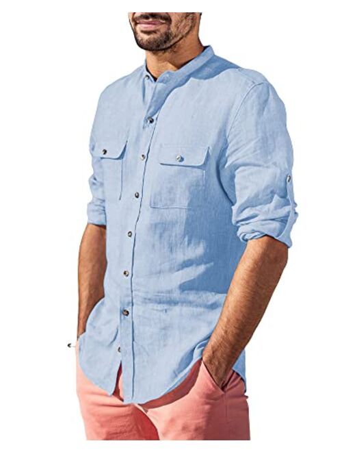 LVCBL Mens Casual Button Down Shirt Roll up Long Sleeve Regular Fit Cotton Linen Tops with Pockets