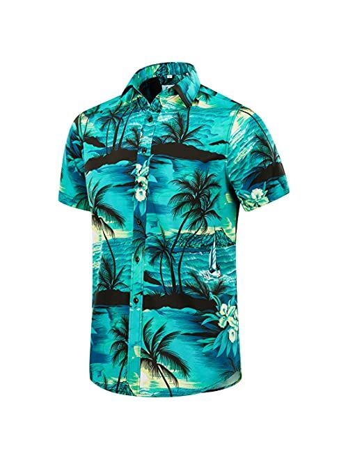 EUOW Men's Hawaiian Shirt Short Sleeves Printed Button Down Summer Beach Dress Shirts