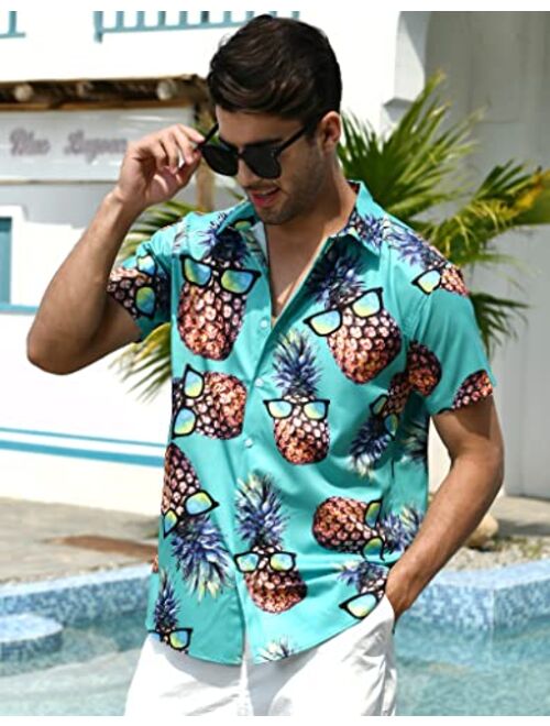 RAISEVERN Men's Button Down Shirts Slim-fit Short Sleeve Dress Shirt Casual Hawaiian Summer Aloha Beach Shirts for Holiday