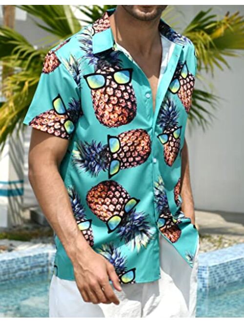 RAISEVERN Men's Button Down Shirts Slim-fit Short Sleeve Dress Shirt Casual Hawaiian Summer Aloha Beach Shirts for Holiday