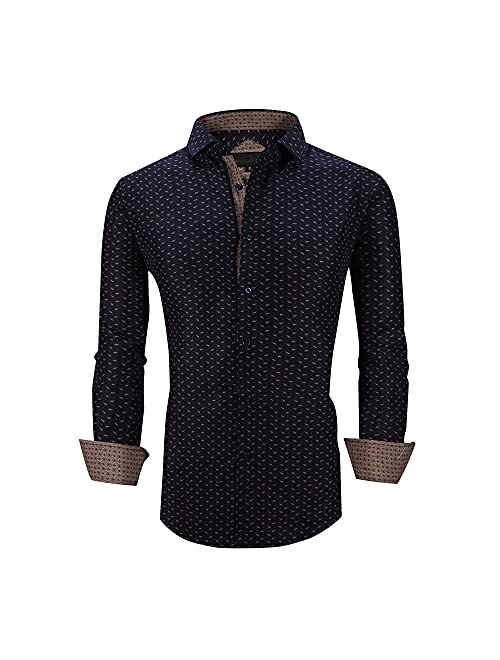 Damipow Mens Easy Care Button Down Shirts Long Sleeve Printed Dress Shirt