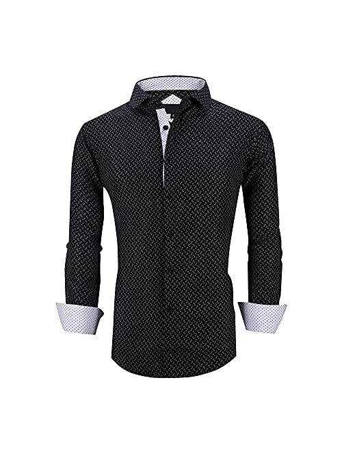 Damipow Mens Easy Care Button Down Shirts Long Sleeve Printed Dress Shirt