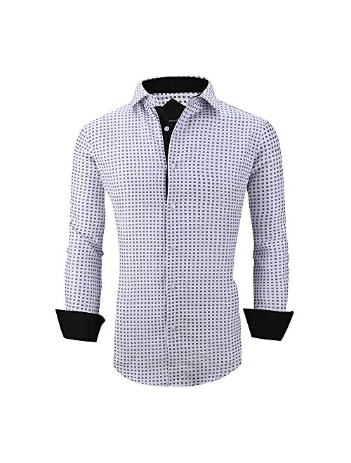 Damipow Mens Easy Care Button Down Shirts Long Sleeve Printed Dress Shirt