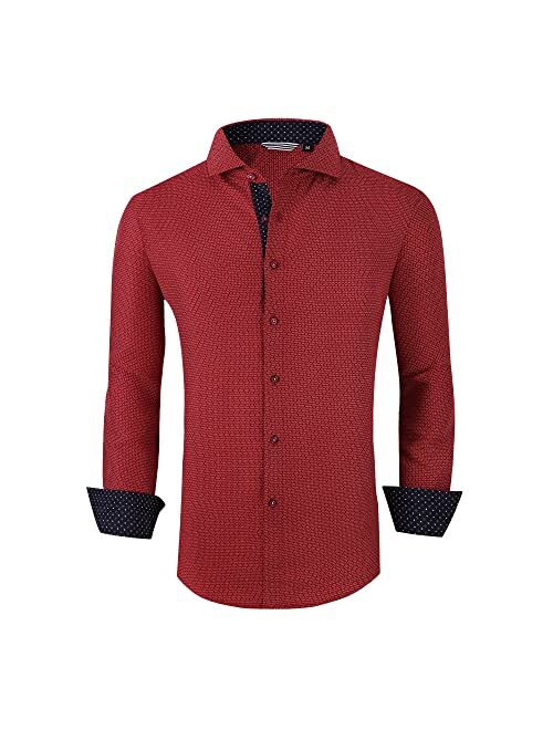 Damipow Mens Easy Care Button Down Shirts Long Sleeve Printed Dress Shirt