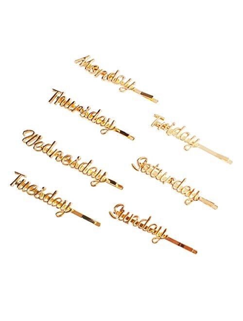 Lurrose 7pcs Week Letters Hair Clips Alloy Monday to Sunday Words Bobby Pin Golden Hair Pins for Girls