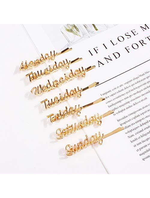 Lurrose 7pcs Week Letters Hair Clips Alloy Monday to Sunday Words Bobby Pin Golden Hair Pins for Girls