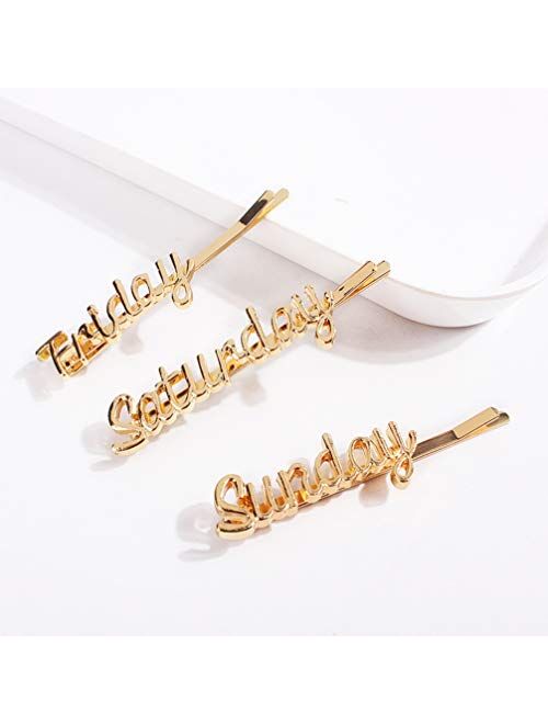 Lurrose 7pcs Week Letters Hair Clips Alloy Monday to Sunday Words Bobby Pin Golden Hair Pins for Girls