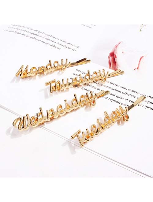 Lurrose 7pcs Week Letters Hair Clips Alloy Monday to Sunday Words Bobby Pin Golden Hair Pins for Girls