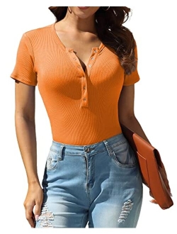 VIISHOW Womens Snap Closure V Neck Ribbed Short Long Sleeves Casual Slim Fit Bodysuit Shirts Tops