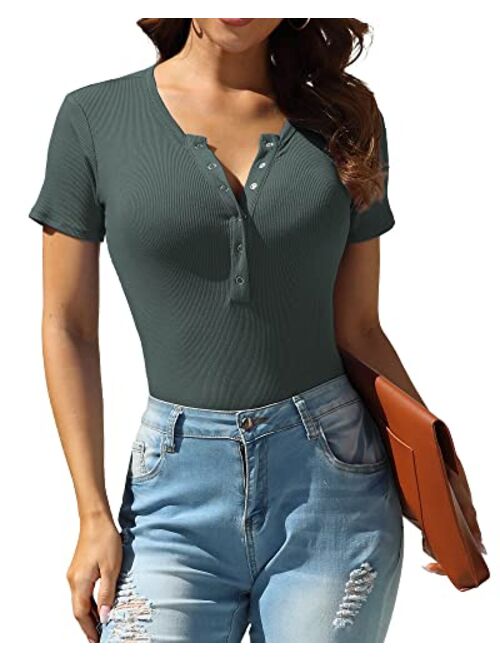 VIISHOW Womens Snap Closure V Neck Ribbed Short Long Sleeves Casual Slim Fit Bodysuit Shirts Tops