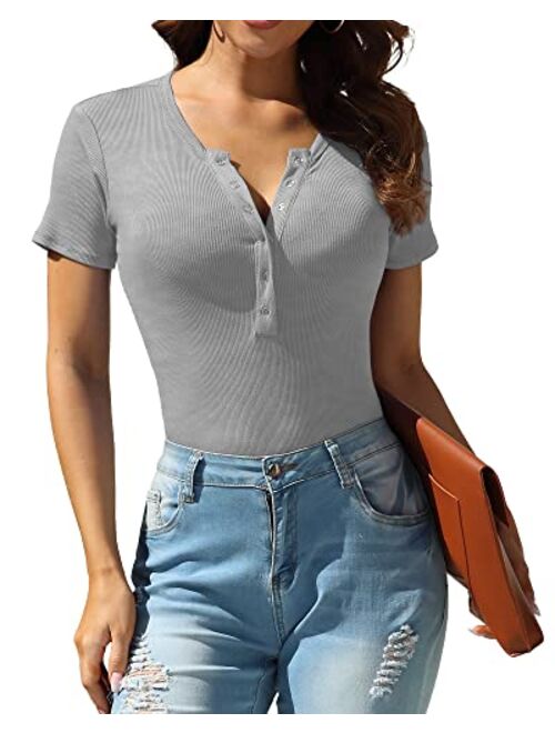 VIISHOW Womens Snap Closure V Neck Ribbed Short Long Sleeves Casual Slim Fit Bodysuit Shirts Tops