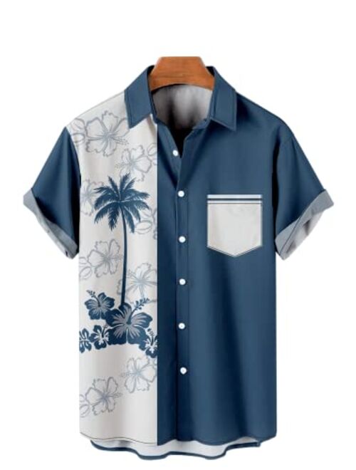 Ecosunny Hawaiian Bowling Shirts for Men Short Sleeve Printed Regular Fit Summer Beach Casual Button Down Aloha Shirts