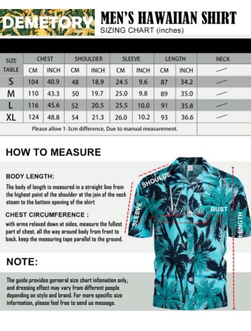 Demetory Men's Hawaiian Shirt Short Sleeve Printed Casual Button Down Aloha Beach Dress Shirts