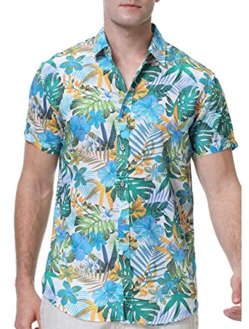 Demetory Men's Hawaiian Shirt Short Sleeve Printed Casual Button Down Aloha Beach Dress Shirts