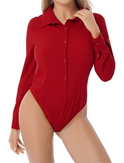 Yihuimin Women's One-Piece Long Sleeve Button Down Easy Care Work Bodysuit Shirt Leotard Jumpsuit