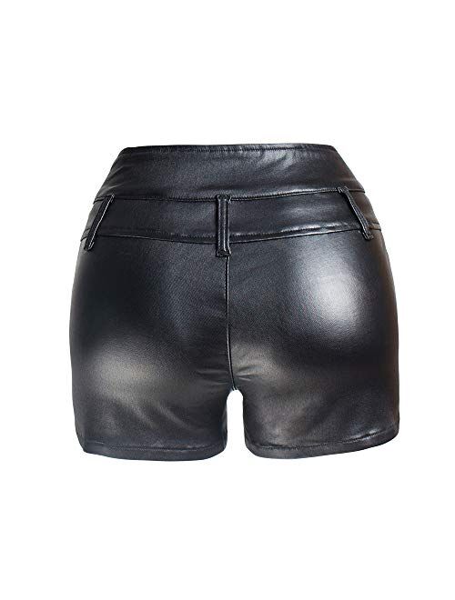 RAMISU Womens Casual Faux Leather Shorts High Waist Stretch Slim Hips Motorcycle Skinny Coated Shorts