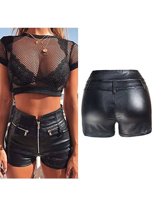 RAMISU Womens Casual Faux Leather Shorts High Waist Stretch Slim Hips Motorcycle Skinny Coated Shorts