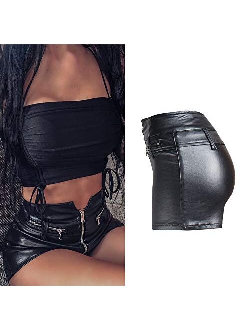 RAMISU Womens Casual Faux Leather Shorts High Waist Stretch Slim Hips Motorcycle Skinny Coated Shorts