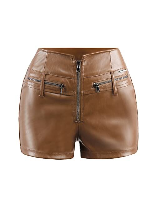 RAMISU Womens Casual Faux Leather Shorts High Waist Stretch Slim Hips Motorcycle Skinny Coated Shorts