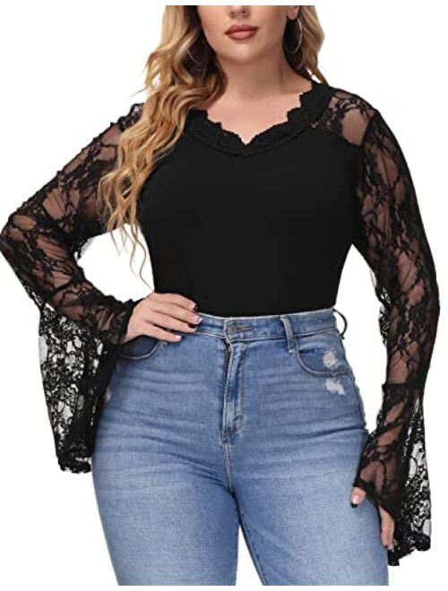 Hanna Nikole Women's Plus Size Sexy Long Bell Sleeve Bodysuit Snap Crotch Clubwear Lace Bodysuits Tops